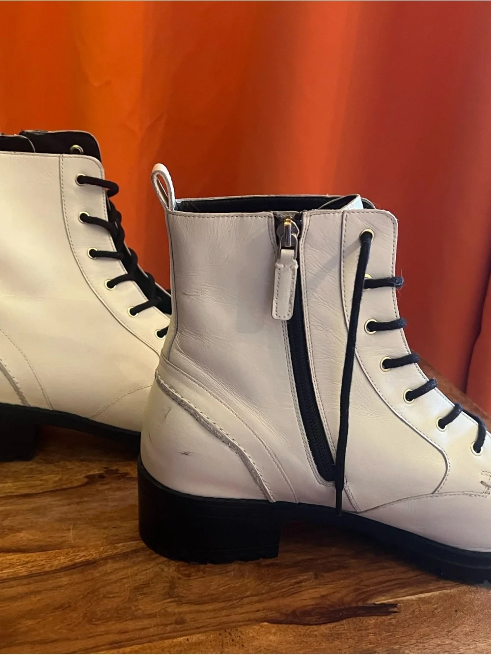 Cole Haan White Lace-Up Ankle Boots with Black Laces and side zip - Picture 3 of 6
